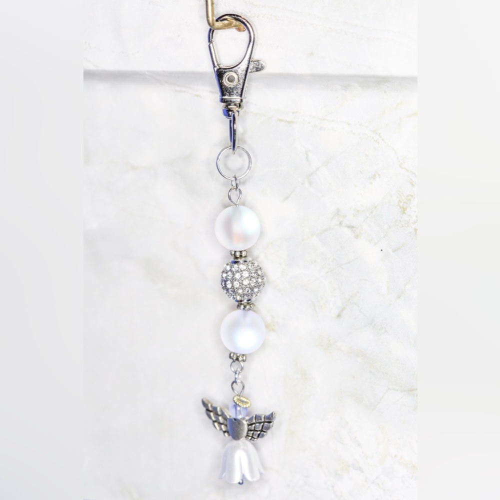 One of a Kind Handmade White Moonstone Beads and Angel Keychain Bag Charm